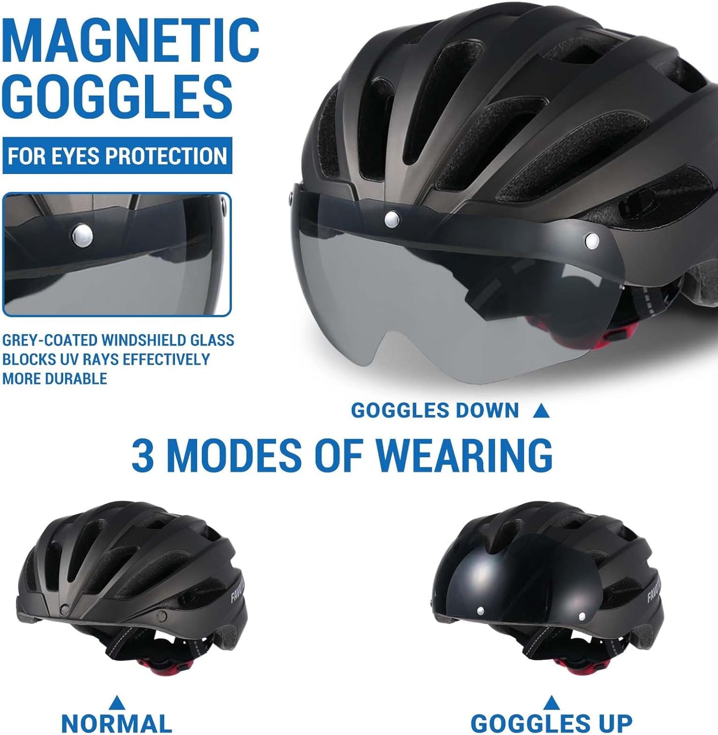Favoto Fietshelm met Licht en Magnetische Bril - Zwart