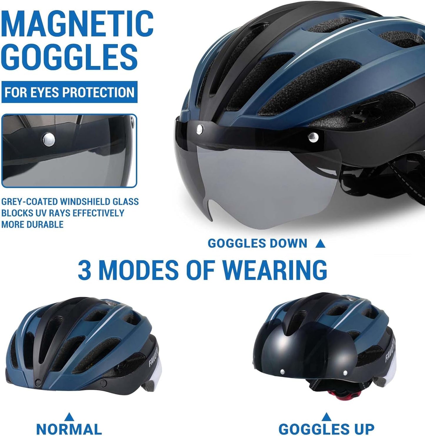 Favoto Fietshelm met Licht en Magnetische Bril - Blauw