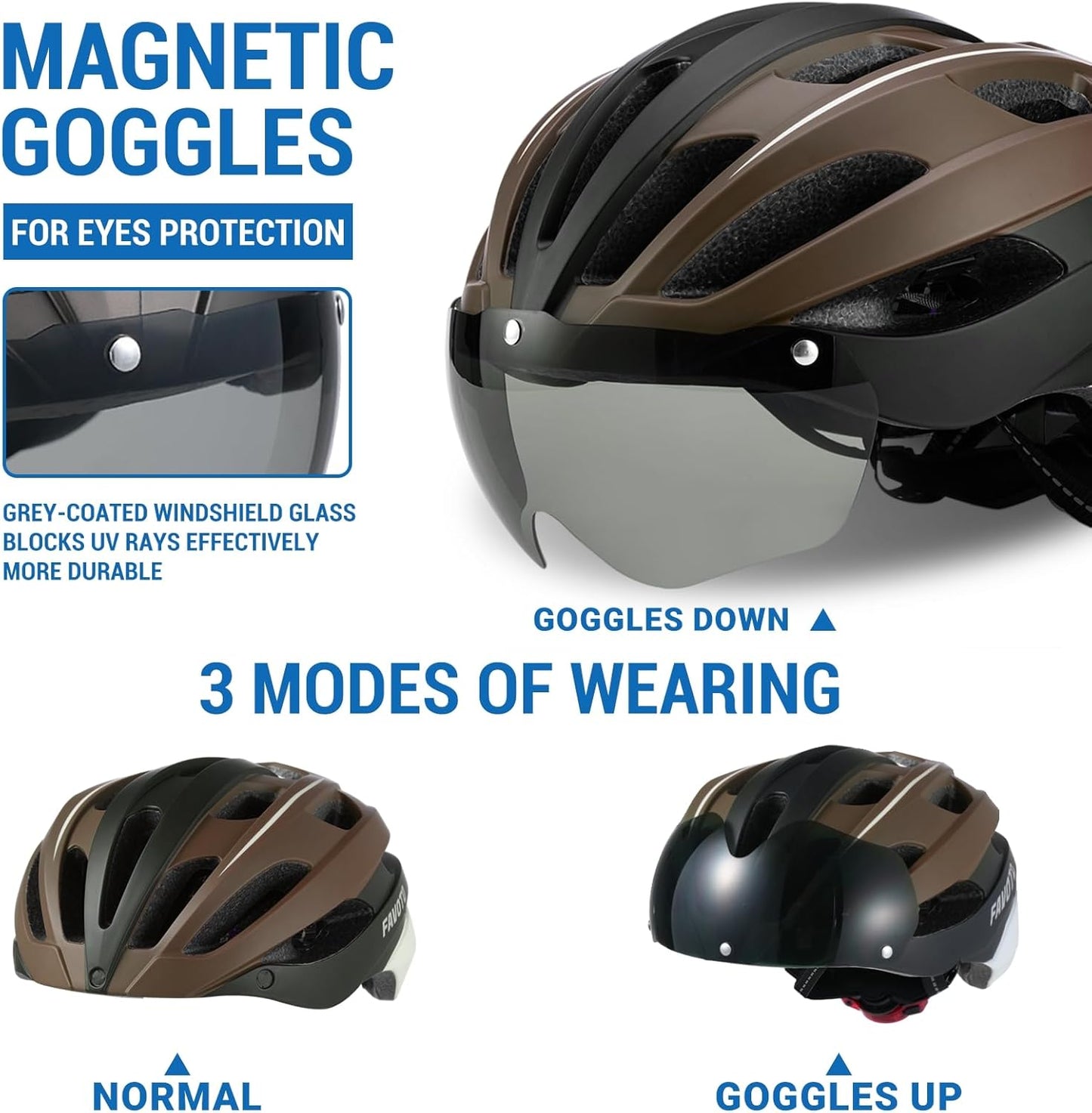 Favoto Fietshelm met Licht en Magnetische Bril - Bruin