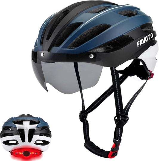 Favoto Fietshelm met Licht en Magnetische Bril - Blauw