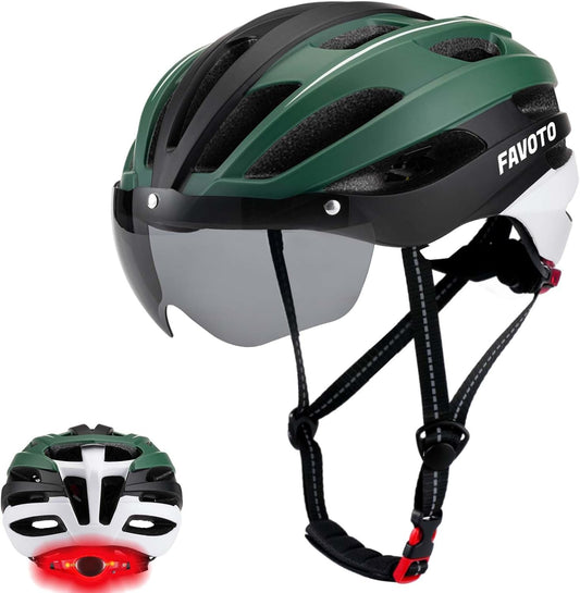 Favoto Fietshelm met Licht en Magnetische Bril - Groen