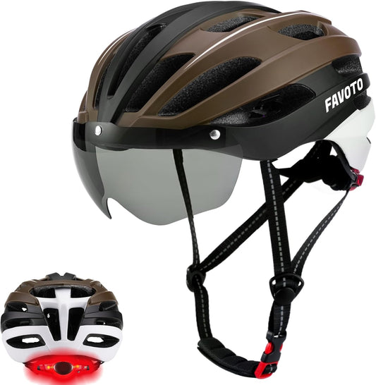 Favoto Fietshelm met Licht en Magnetische Bril - Bruin